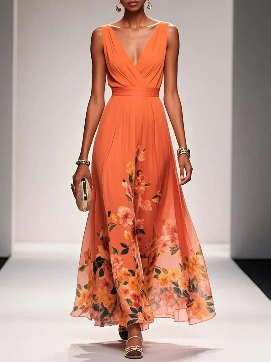 Floral Chiffon Deep V-Neck Sleeveless Pleated Maxi Dress 7