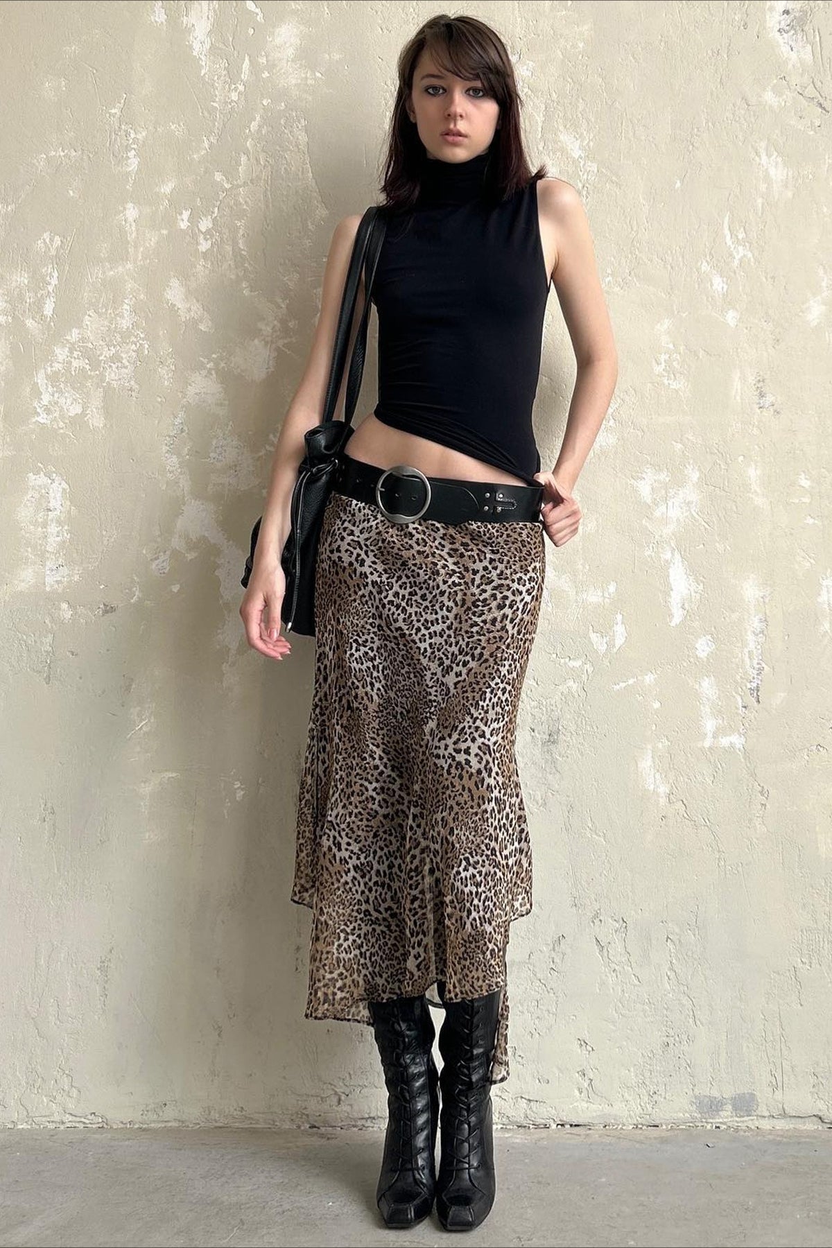 Leopard Print Sheer Mesh Layered Hem Low Rise Midi Skirt