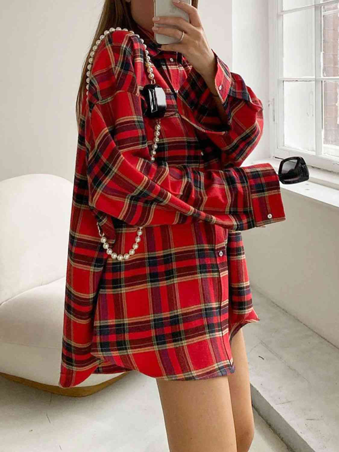 Plaid Collared Drop Shoulder Long Sleeve Oversized Button Front Shirt 2