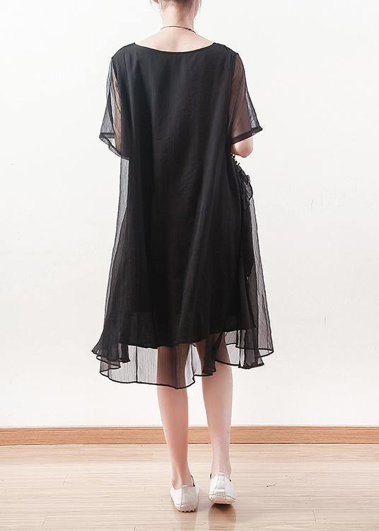 Sheer Overlay Crew Neck Short Sleeve Tie Waist Shift Midi Dress