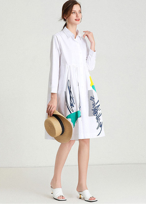Color Block Graphic Print Collared Button Down Long Sleeve Empire Waist Shirt Dress