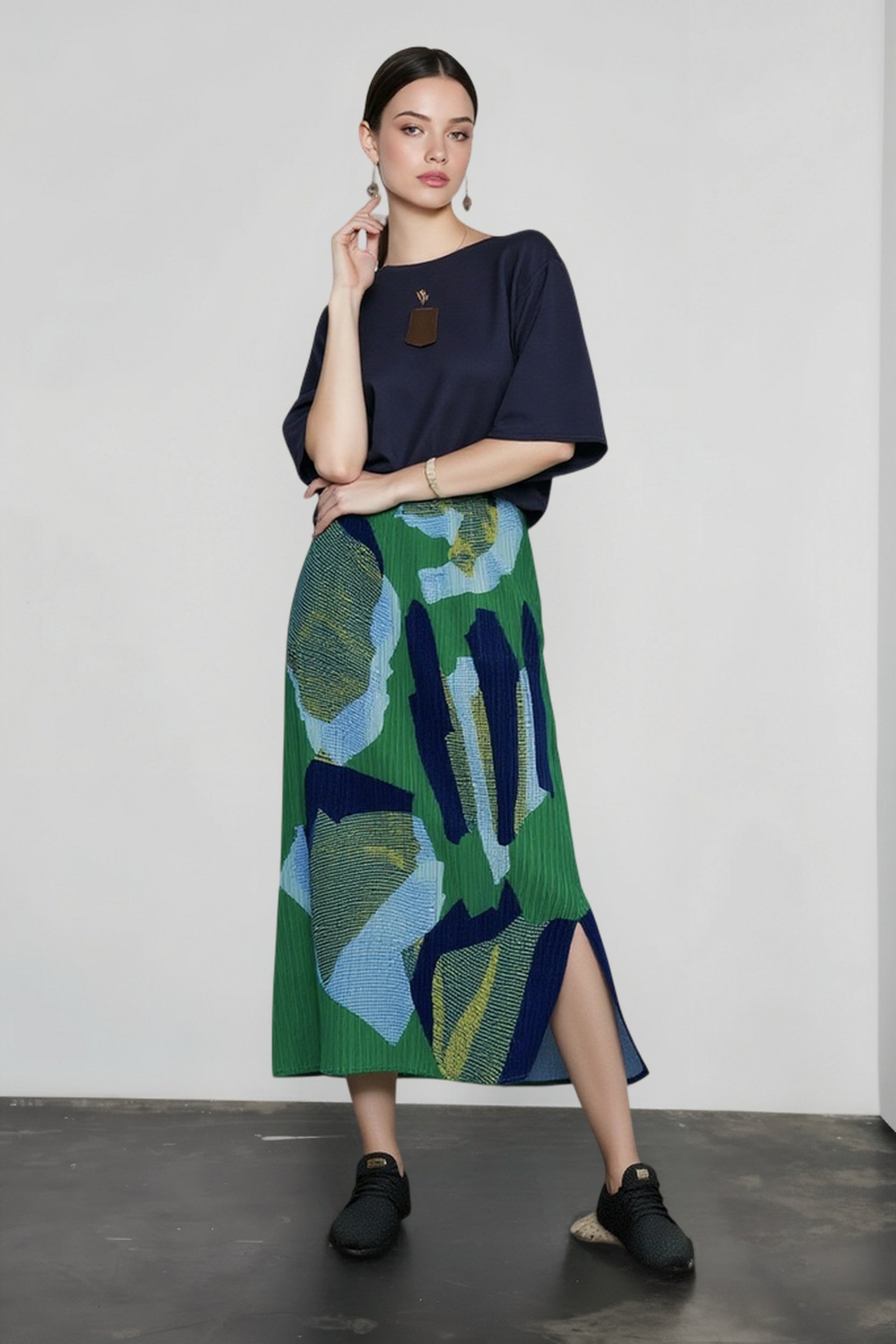 Color Block Print Pleated Vacation Skirt