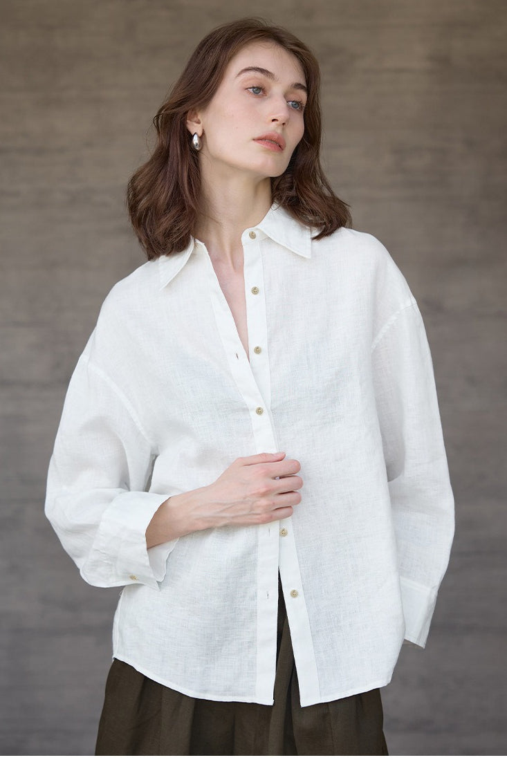 Linen Look Collared Drop Shoulder Wide Sleeve Relaxed Shirt