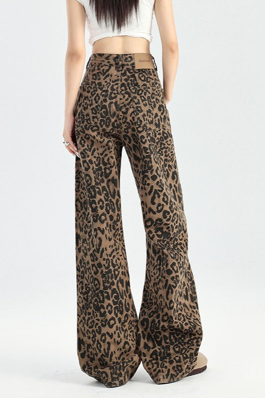 High Waist Leopard Print Wide Leg Denim Jeans 2