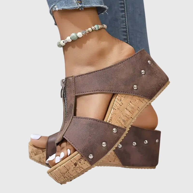 Open Toe Zip Front Cork Platform Wedge Mules 4
