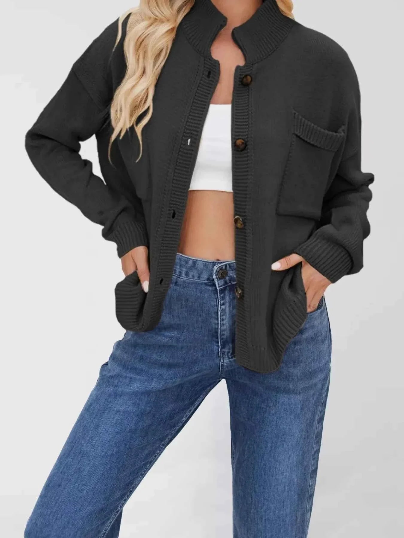 Button Up Dropped Shoulder Cardigan