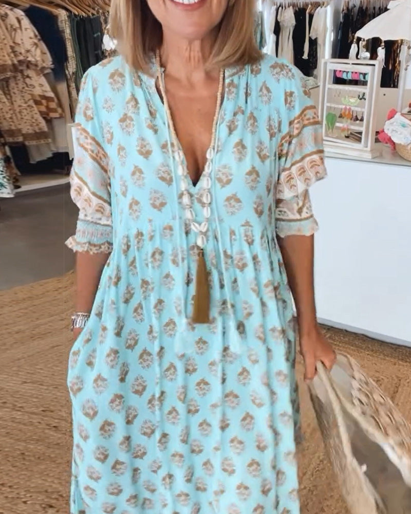Printed V-Neck Ruffle Short Sleeve Tiered Maxi Dress