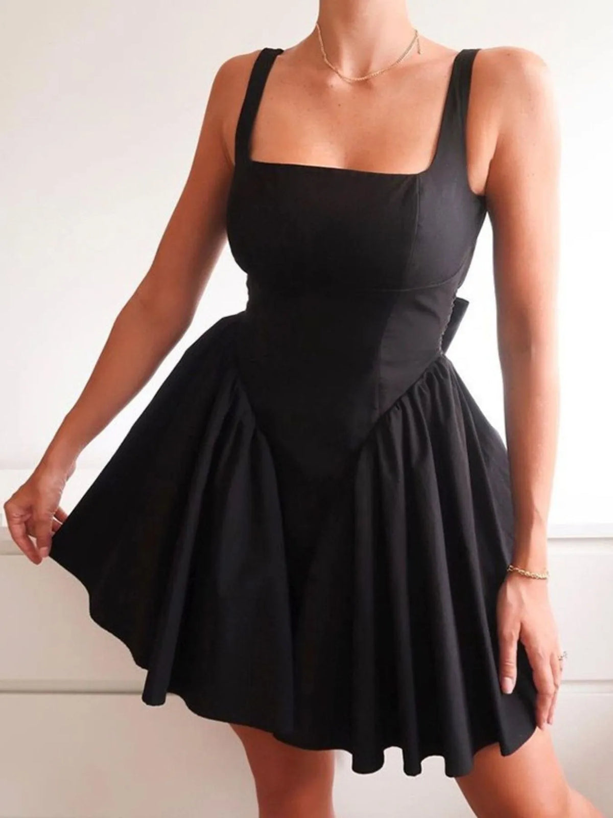 Square Neck Backless Bow Back Fit and Flare Mini Dress