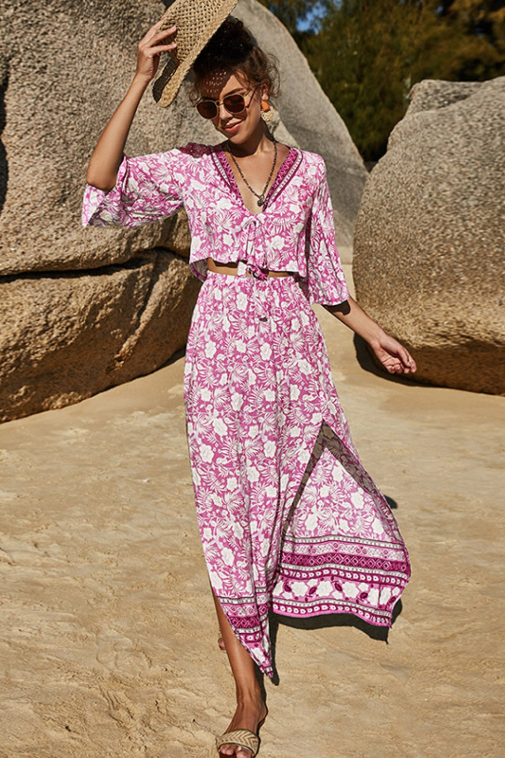 Printed Half Sleeve Top and Slit Skirt Set Carnation Pink