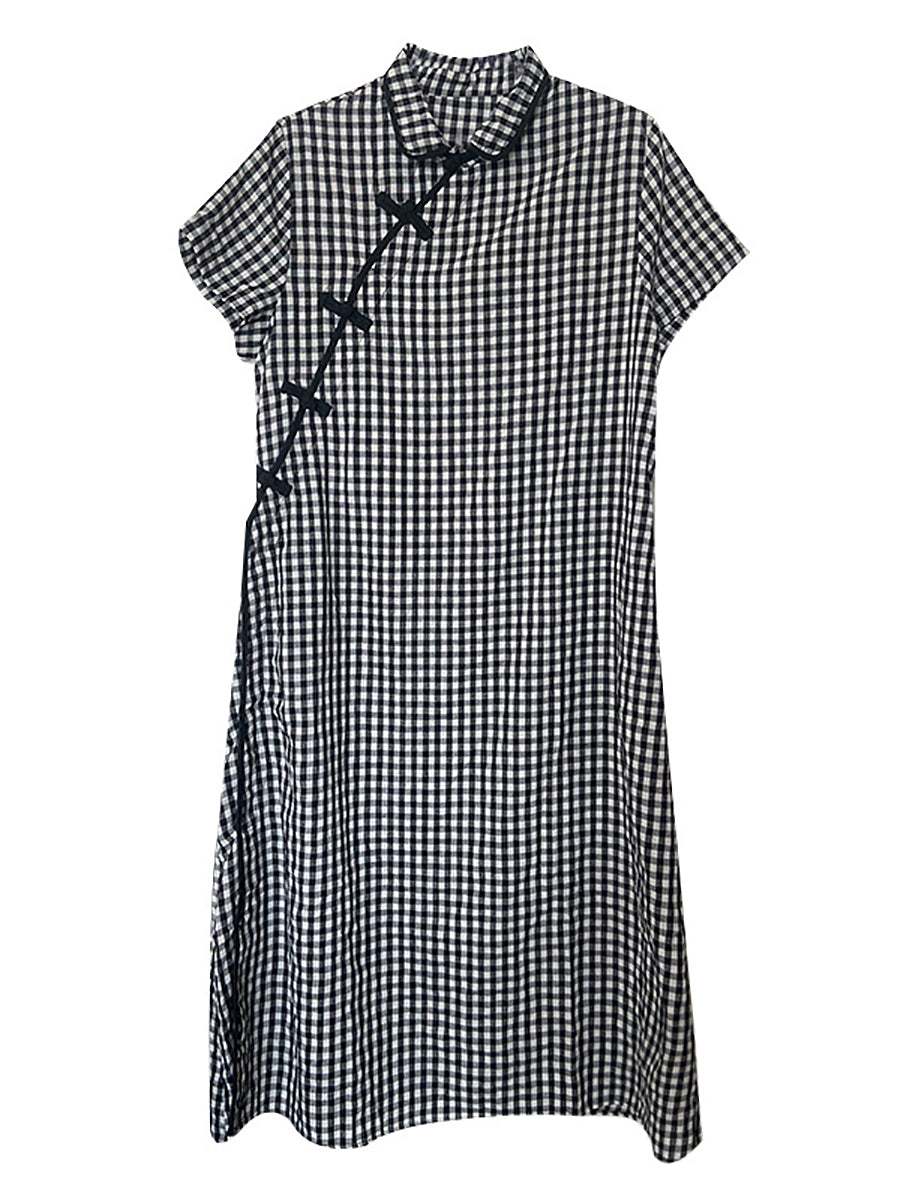 Gingham Check Mandarin Collar Frog Button Short Sleeve Side Slit Maxi Dress