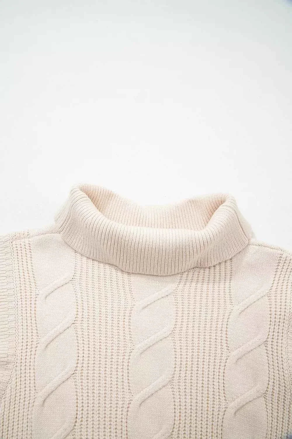 Turtleneck Ruffle Cap Sleeve Cable Knit Sweater 15