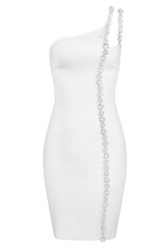 One Shoulder Chain Strap Trim Bandage Bodycon Mini Dress 36