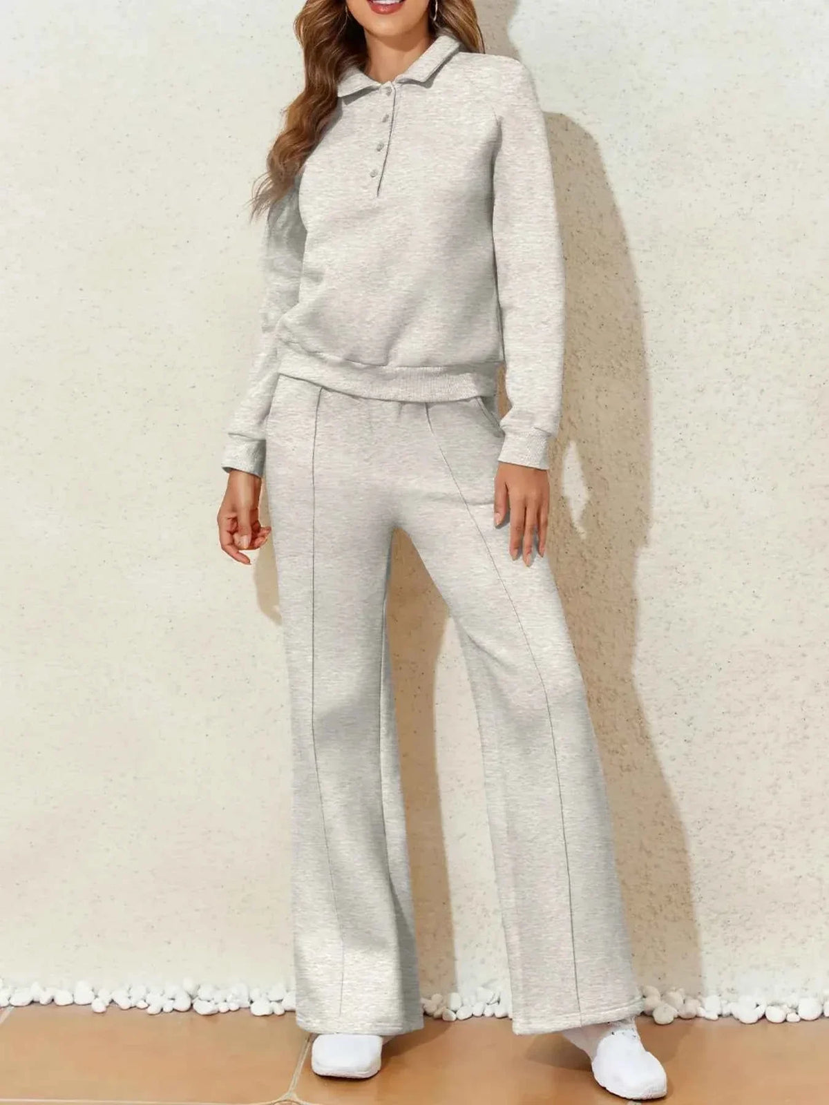 Collared Button Placket Sweatshirt and Seam Front Wide Leg Pants Two Piece Set 3