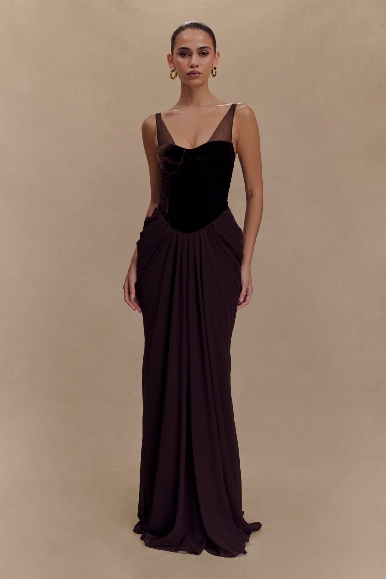 Velvet Corset Bustier Mesh Panel Maxi Gown