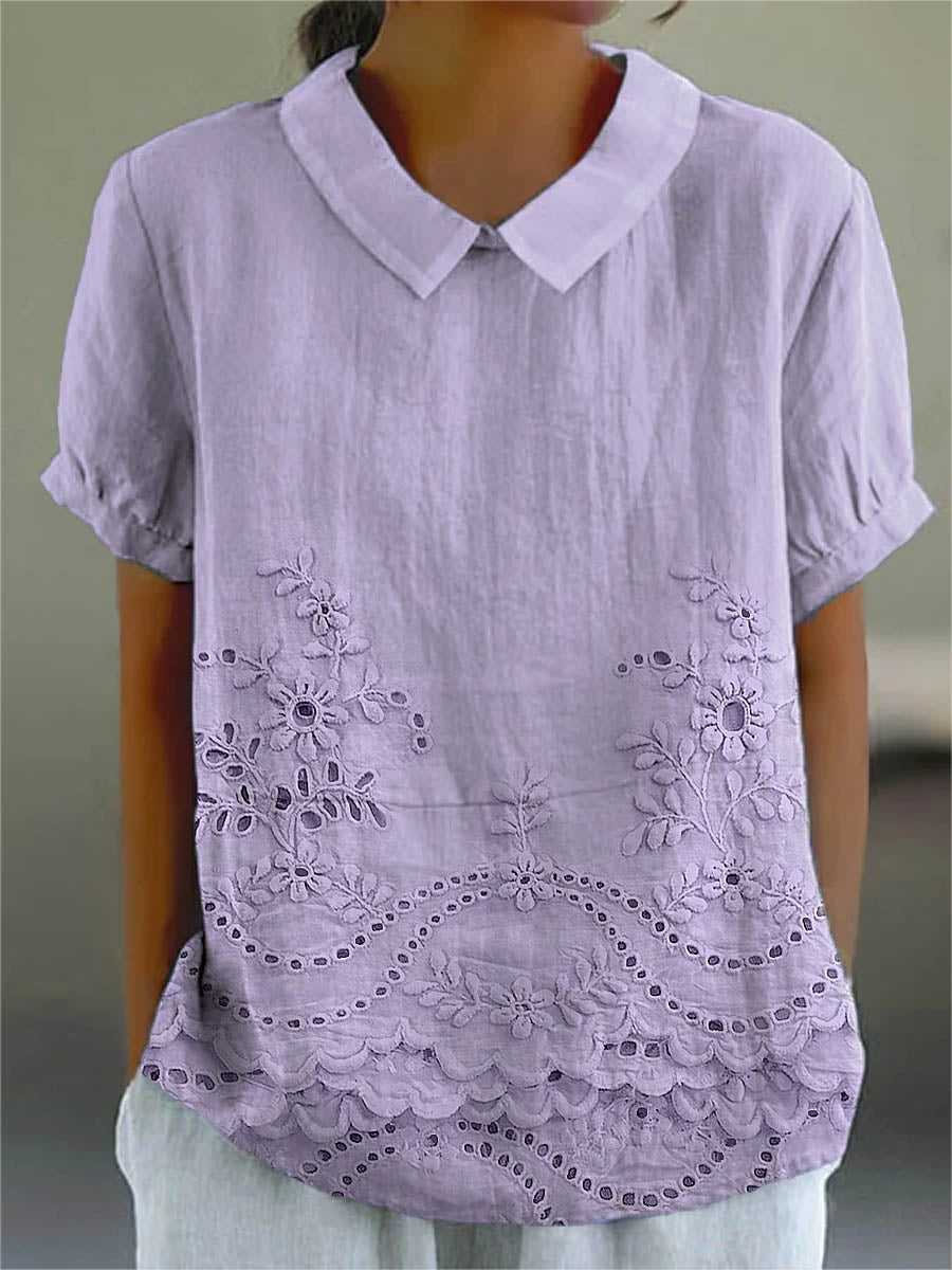 Collared Short Sleeve Eyelet Embroidered Scalloped Hem Blouse