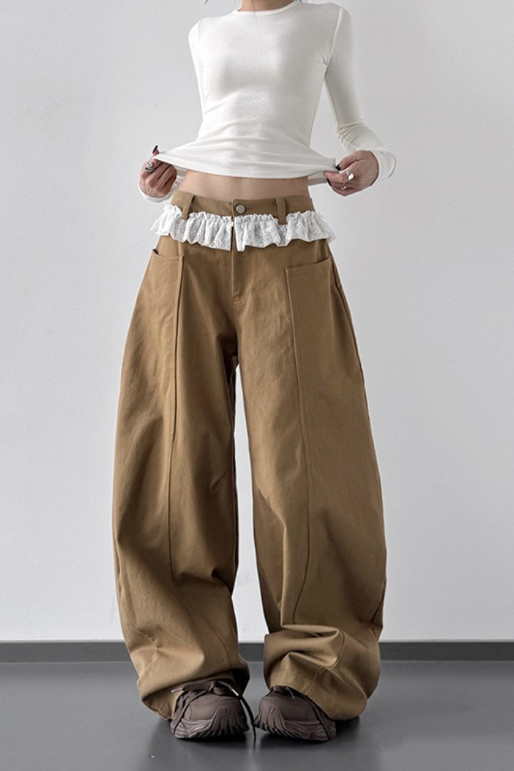 Low Rise Lace Ruffle Waist Seamed Front Baggy Wide Leg Pants