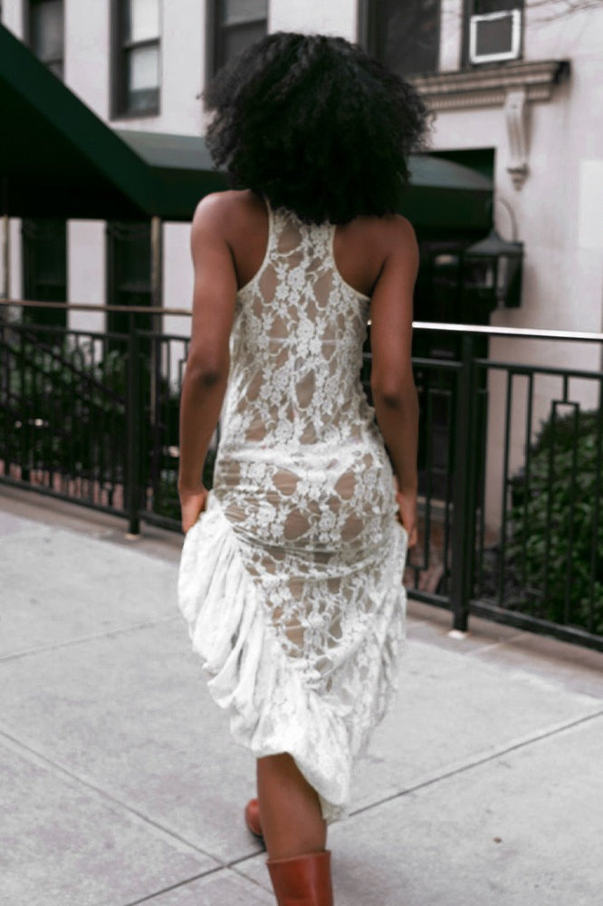 Sleeveless Asymmetrical Sheer Round Neck Lace Dress