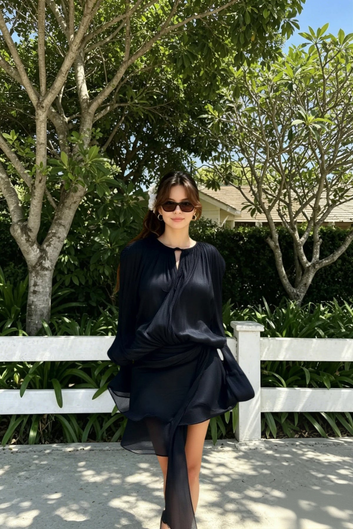 Tie Neck Long Sleeve Blouson Ruffle Hem Mini Dress 3