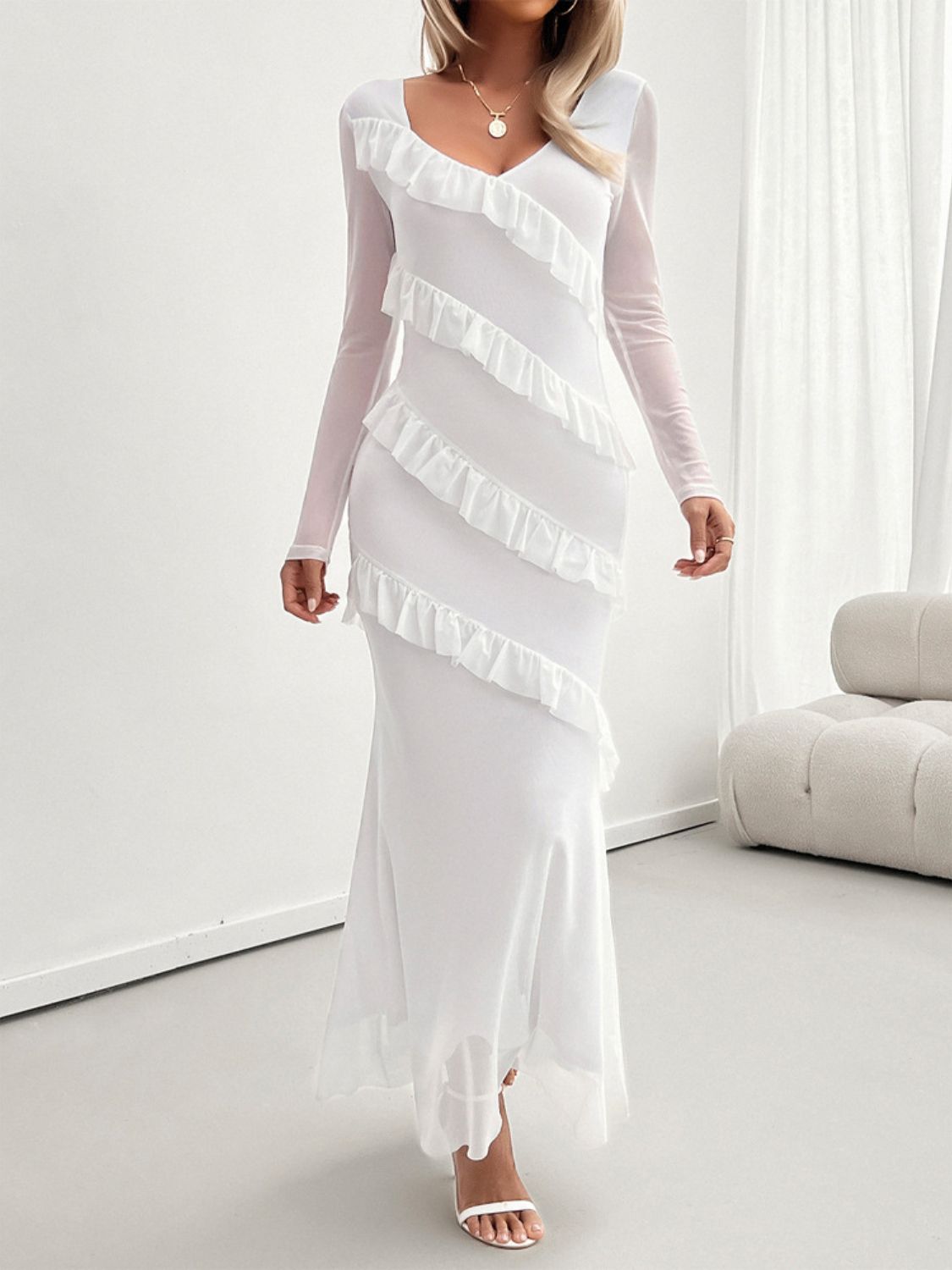 Mesh Surplice V-Neck Long Sleeve Tiered Ruffle Mermaid Maxi Dress 10