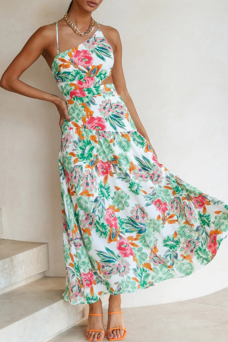 Floral Print One Shoulder Spaghetti Strap Side Cut Out A-Line Midi Dress