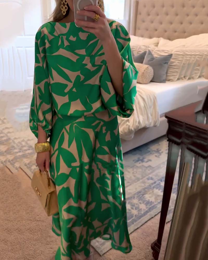 Abstract Print Lantern Sleeve Top and Midi Skirt Two Piece Set