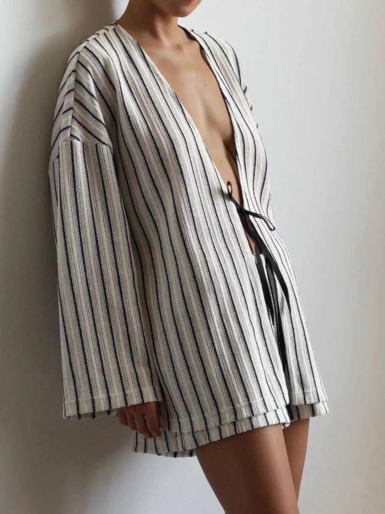 Striped Tie Front Top and Shorts Lounge Set