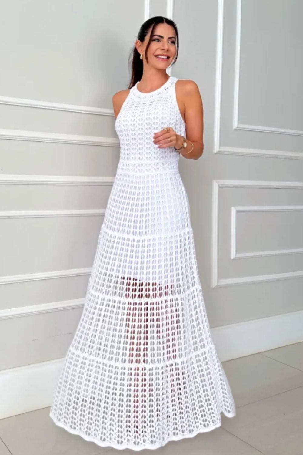 Crochet Knit Halter Neck Sleeveless Tiered Maxi Dress 7