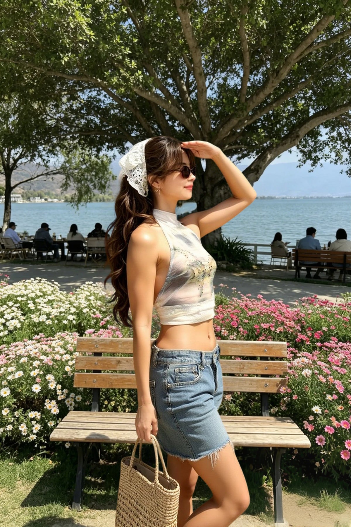Rhinestone Embellished Mock Neck Halter Printed Mesh Crop Top 4