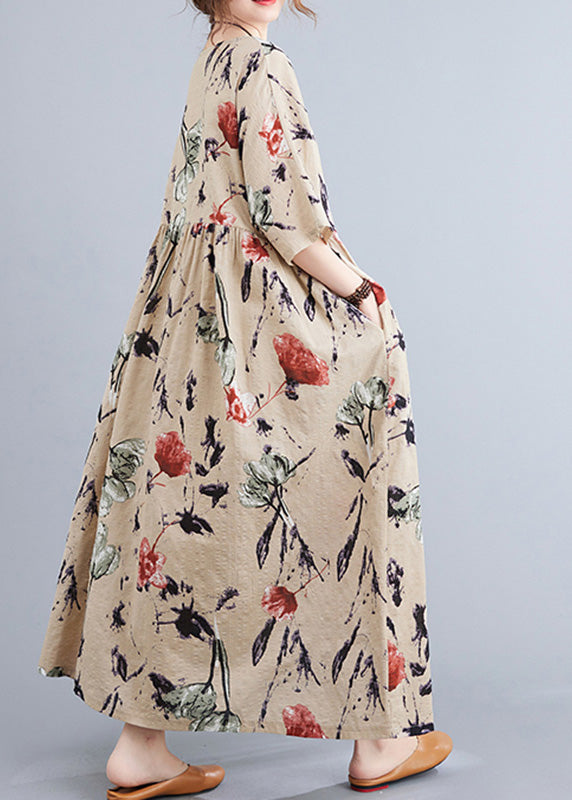 Floral Print Round Neck Elbow Sleeve Empire Waist Oversized Maxi Dress