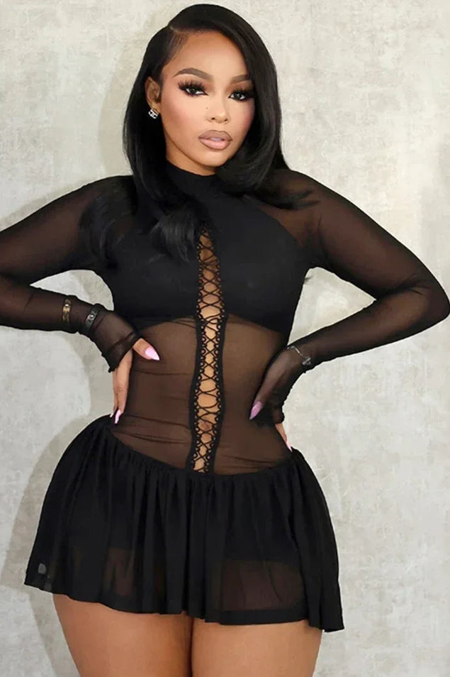 Sheer Mesh Mock Neck Long Sleeve Lace Up Front Ruffle Mini Dress