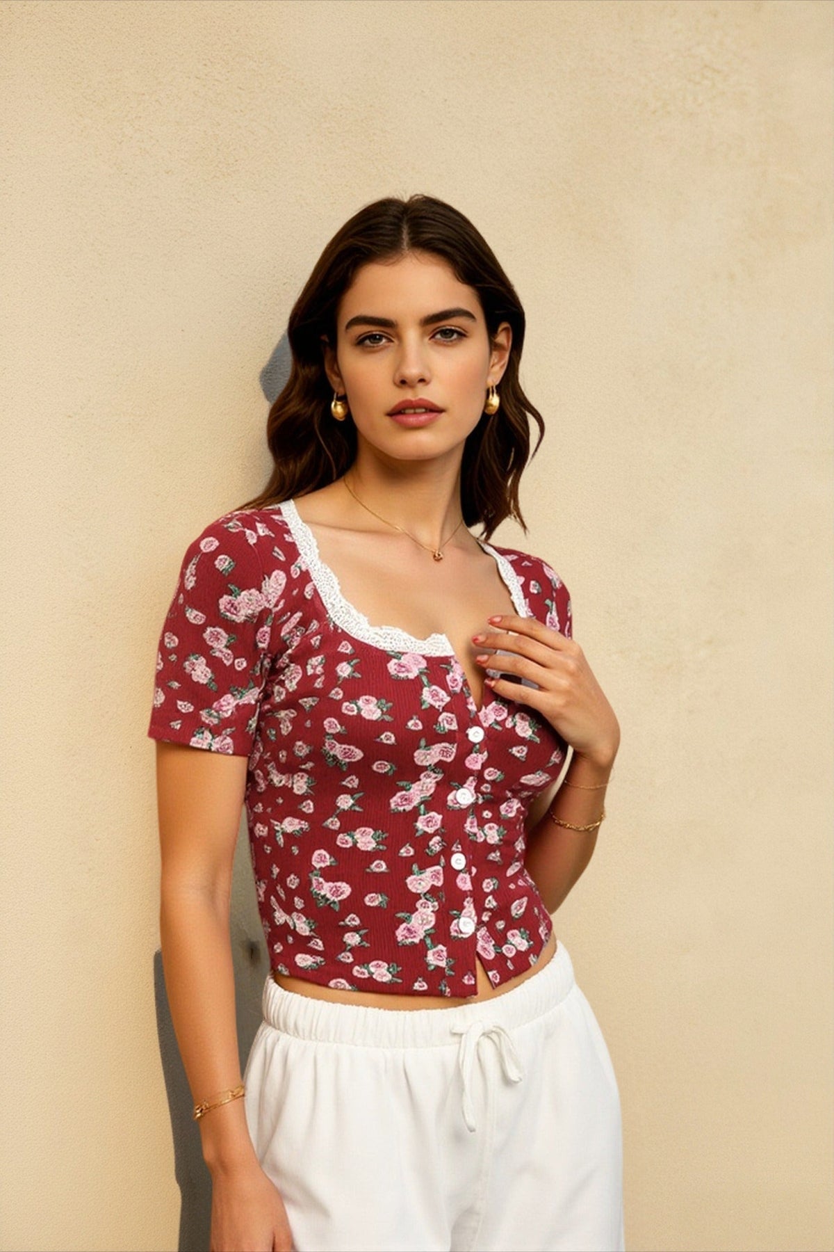 Floral Print Ribbed Lace Trim Square Neck Button Front Top 7