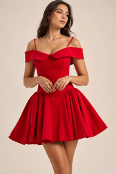 Off Shoulder Lapel Waist Cinch Ballet A Line Slip Dress