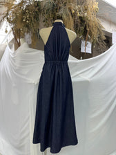 Denim Halter Neck Sleeveless Twist Waist Maxi Dress 10