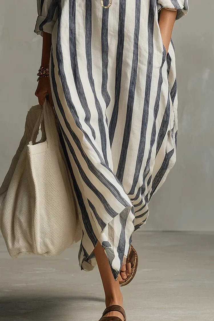 Casual Striped Shirt Bohemian Style Maxi Dress