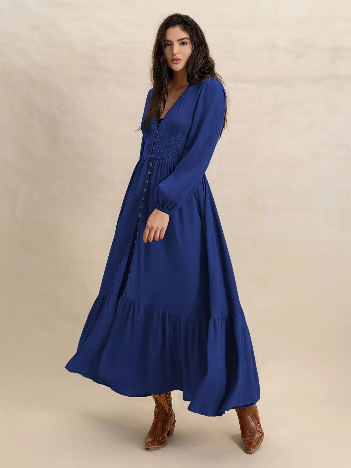 Lace Trim V-Neck Long Sleeve Button Front Tiered Maxi Dress 10