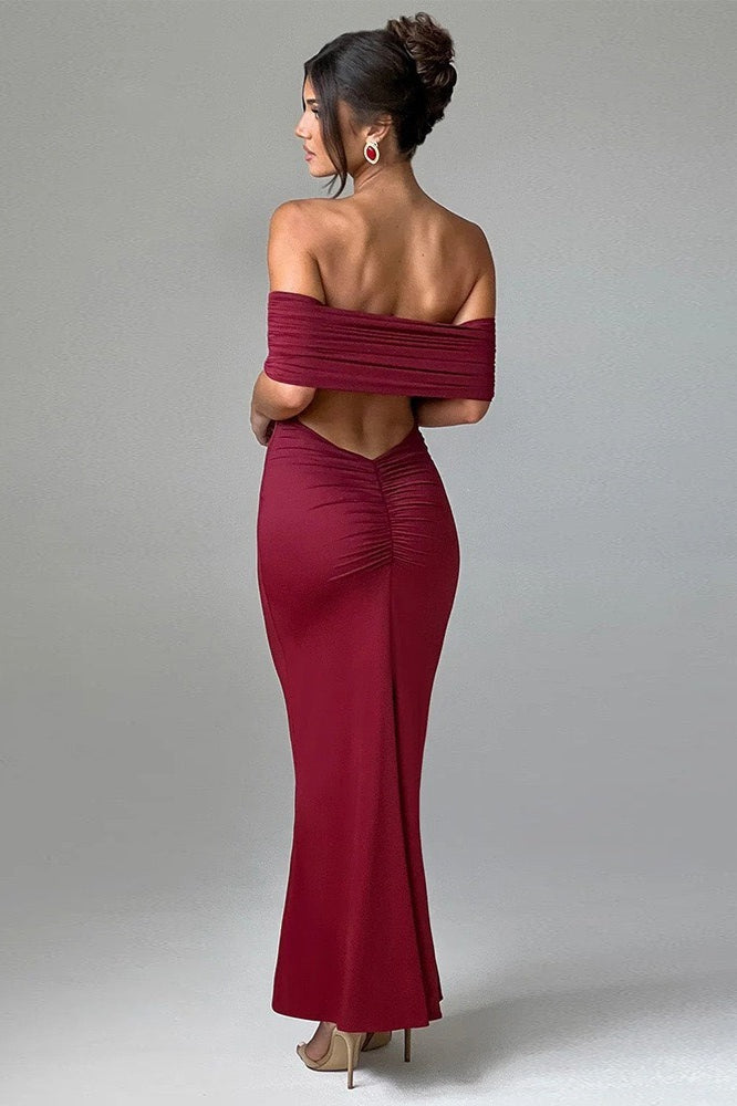 Off Shoulder Ruched Fold Over Bodycon Mermaid Maxi Dress 17