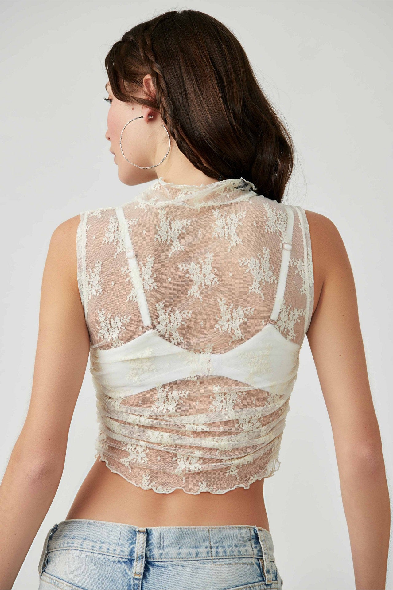 High-Neck Lace Sheer Mesh Crop Top
