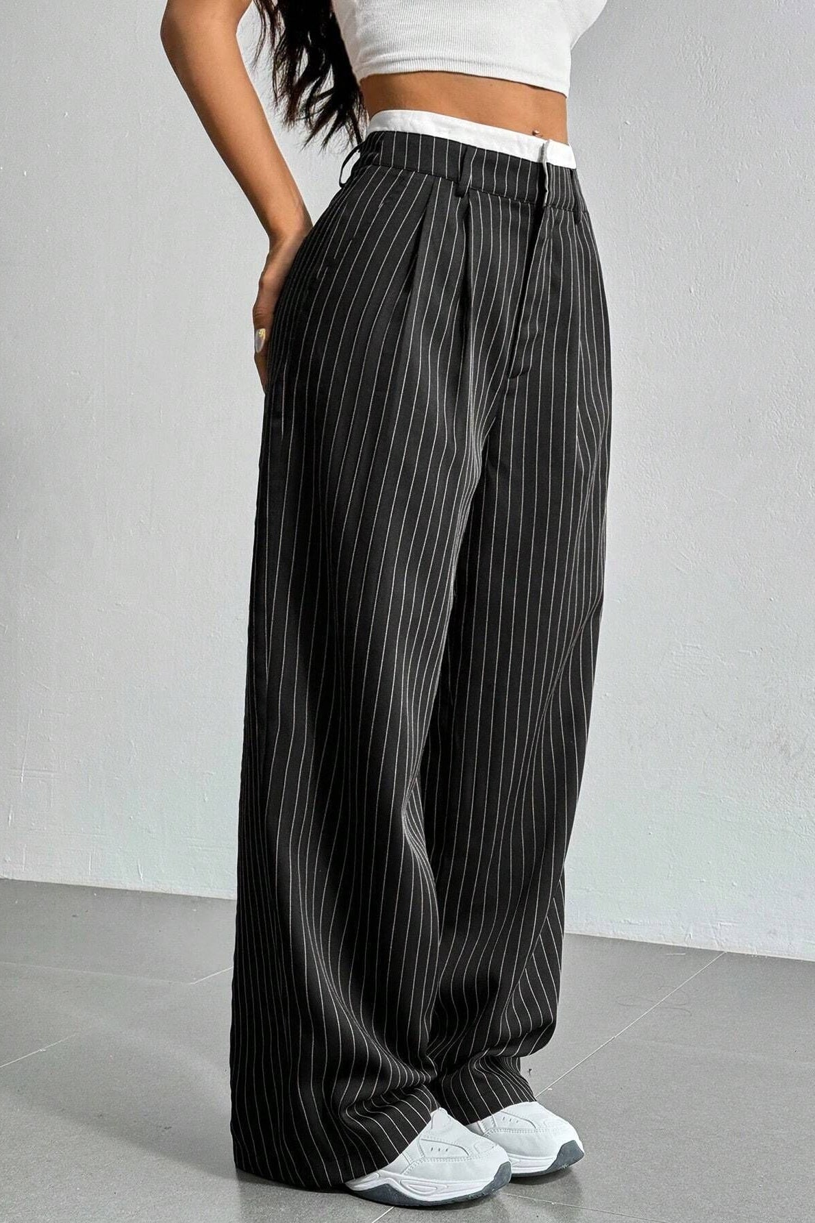 Pinstripe Contrast Waistband Pleated Wide Leg Trousers 6