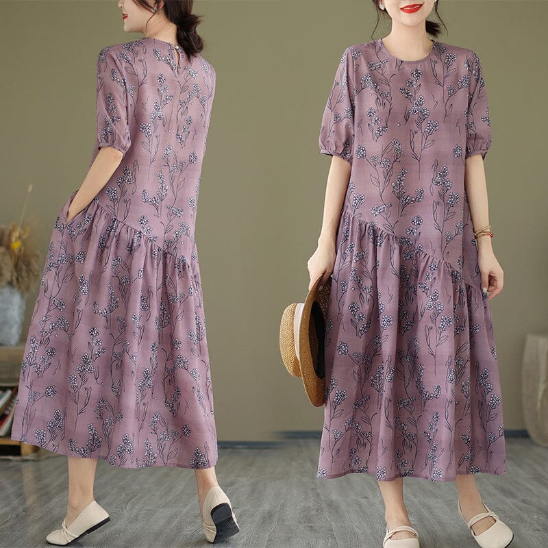 Floral Print Round Neck Short Puff Sleeve Asymmetrical Ruffle Tier Midi Dress