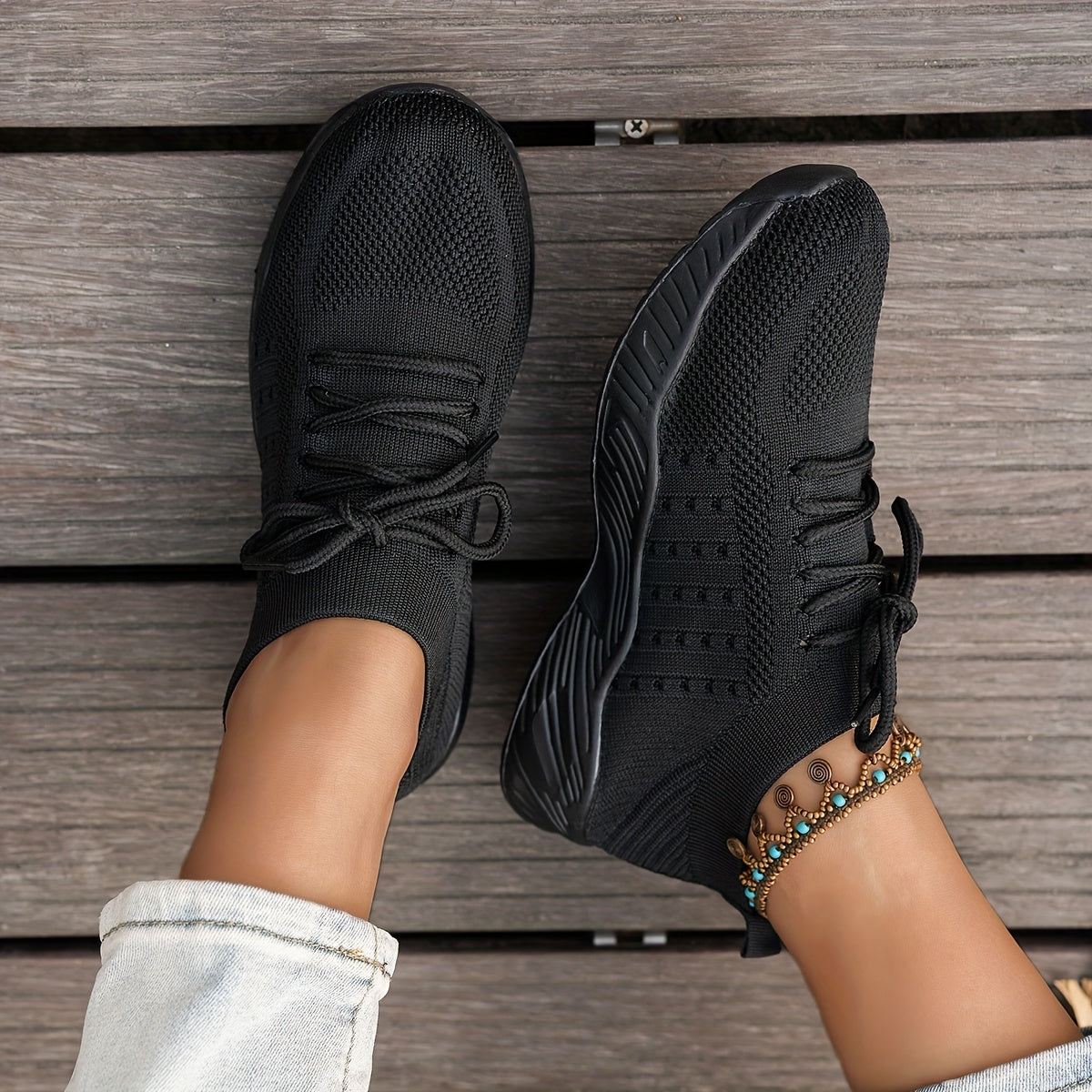 Knit Mesh Lace Up Thick Sole Sneakers