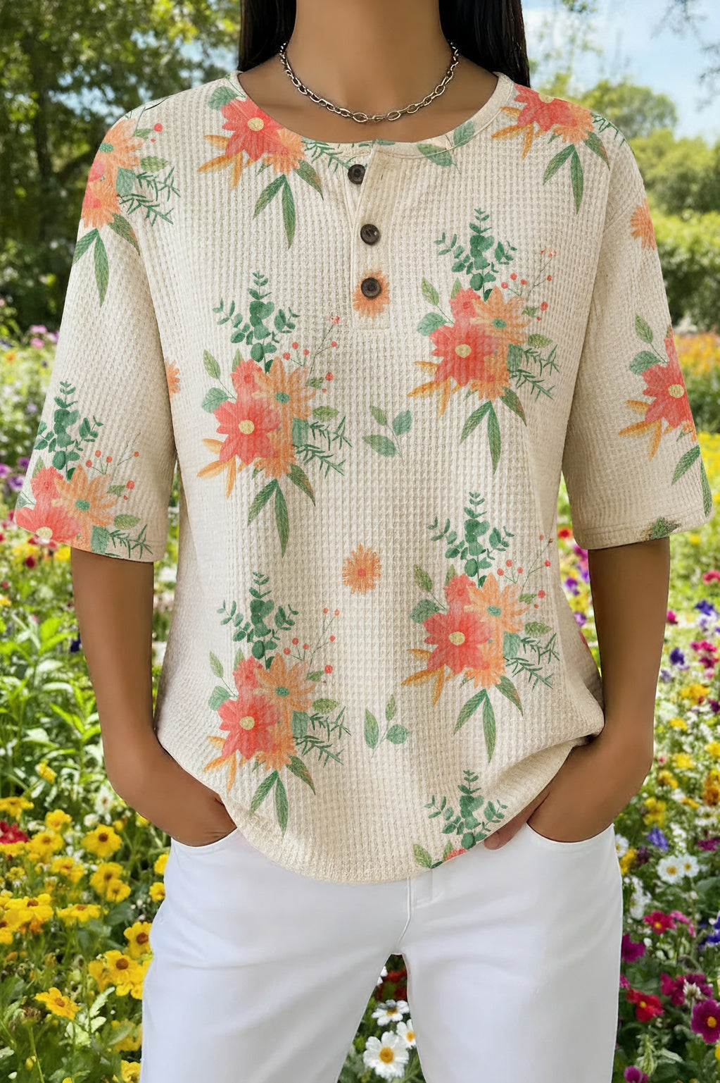 Womens Cream Floral Print Casual Henley Shirt
