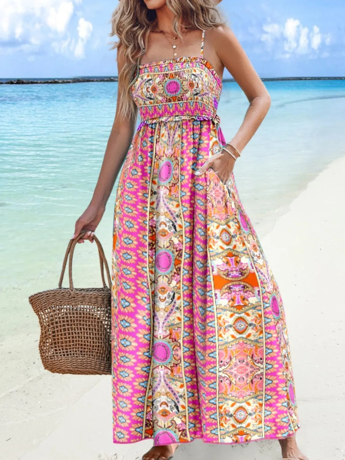 Paisley Print Smocked Bodice Cami Pocket Maxi Dress 7