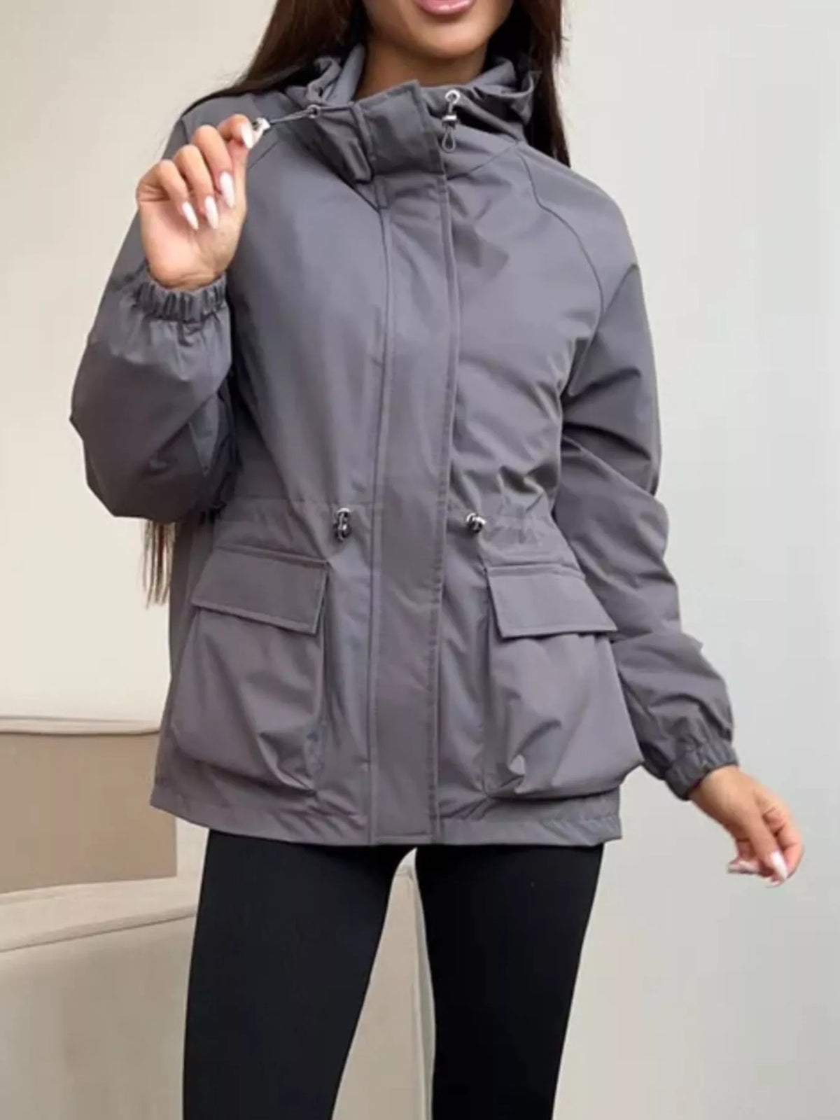 Hooded Drawstring Waist Flap Pocket Zip Front Windbreaker Jacket 7
