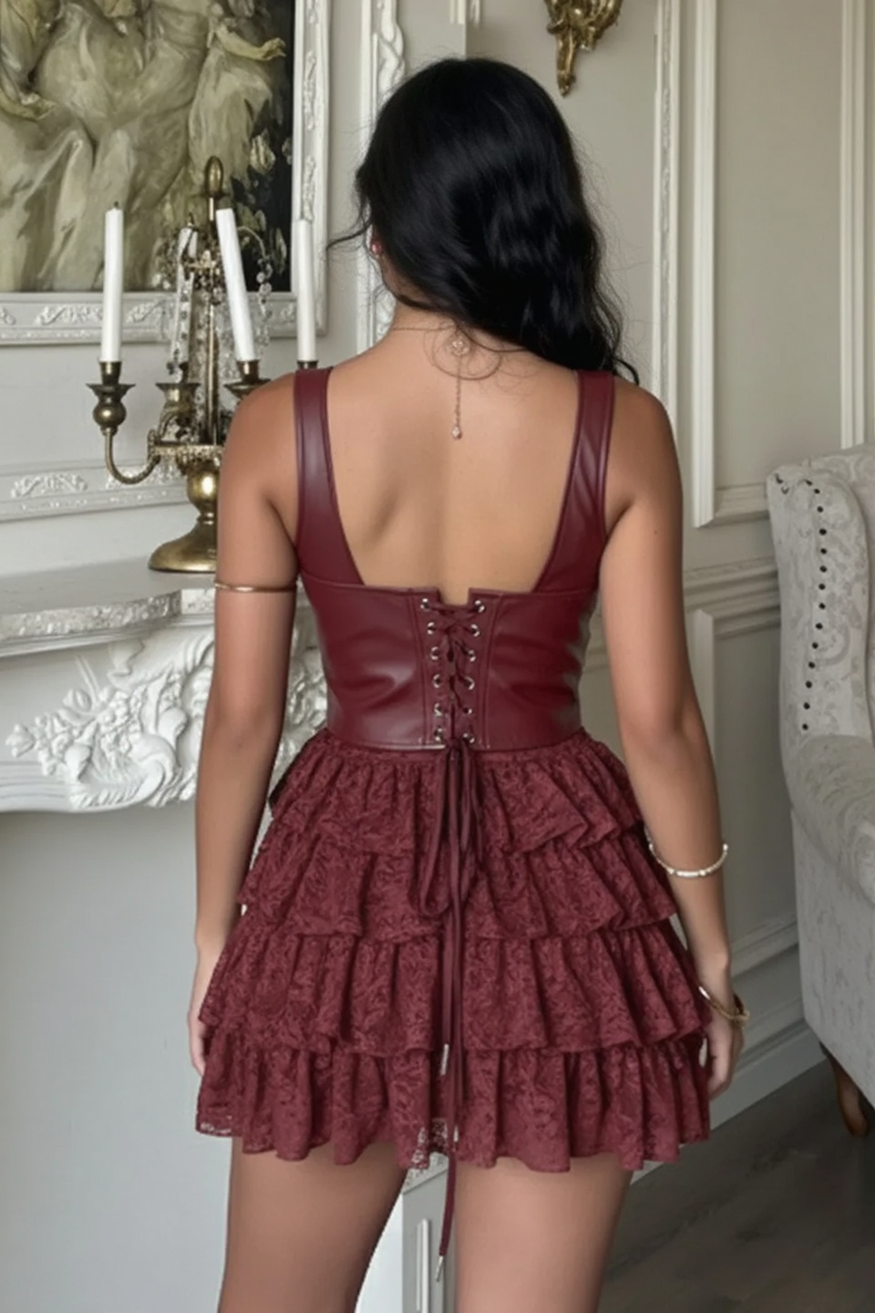 Faux Leather Corset Lace Tiered Ruffle Mini Dress 7