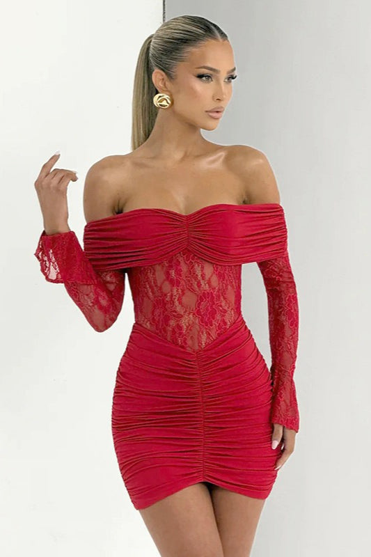 Open Shoulder Lace Trim Bodycon Mini Lace Dress