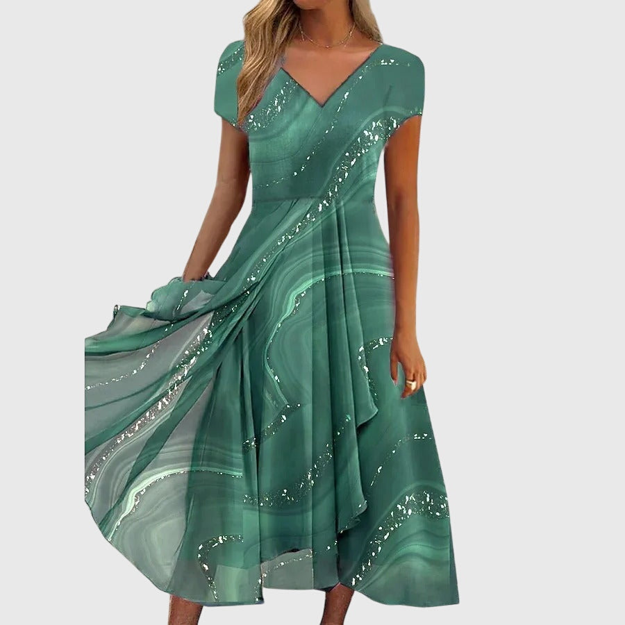 Marble Print V-Neck Cap Sleeve Chiffon Maxi Dress