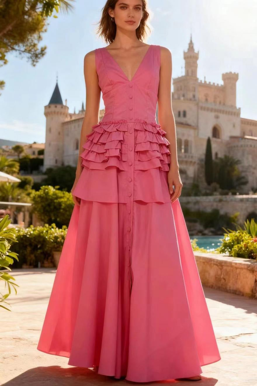 Deep V-Neck Sleeveless Corset Tiered Fit and Flare Midi Dress