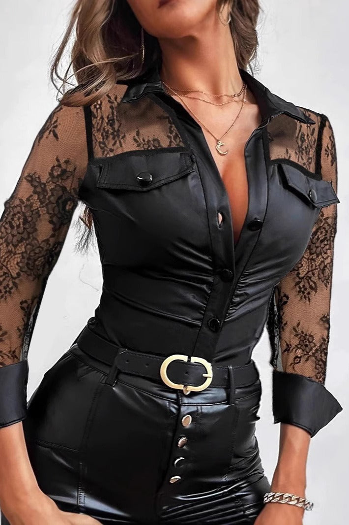 Lace Leather Panel Sheer Long Sleeve Chic Blouse