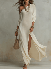 Knit One Shoulder Long Sleeve High Split Maxi Dress