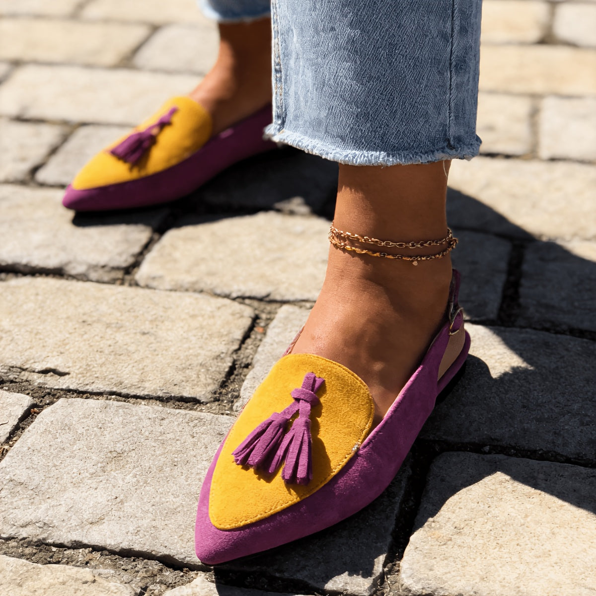 Leopard Print Pointed Toe Tassel Slingback Flats